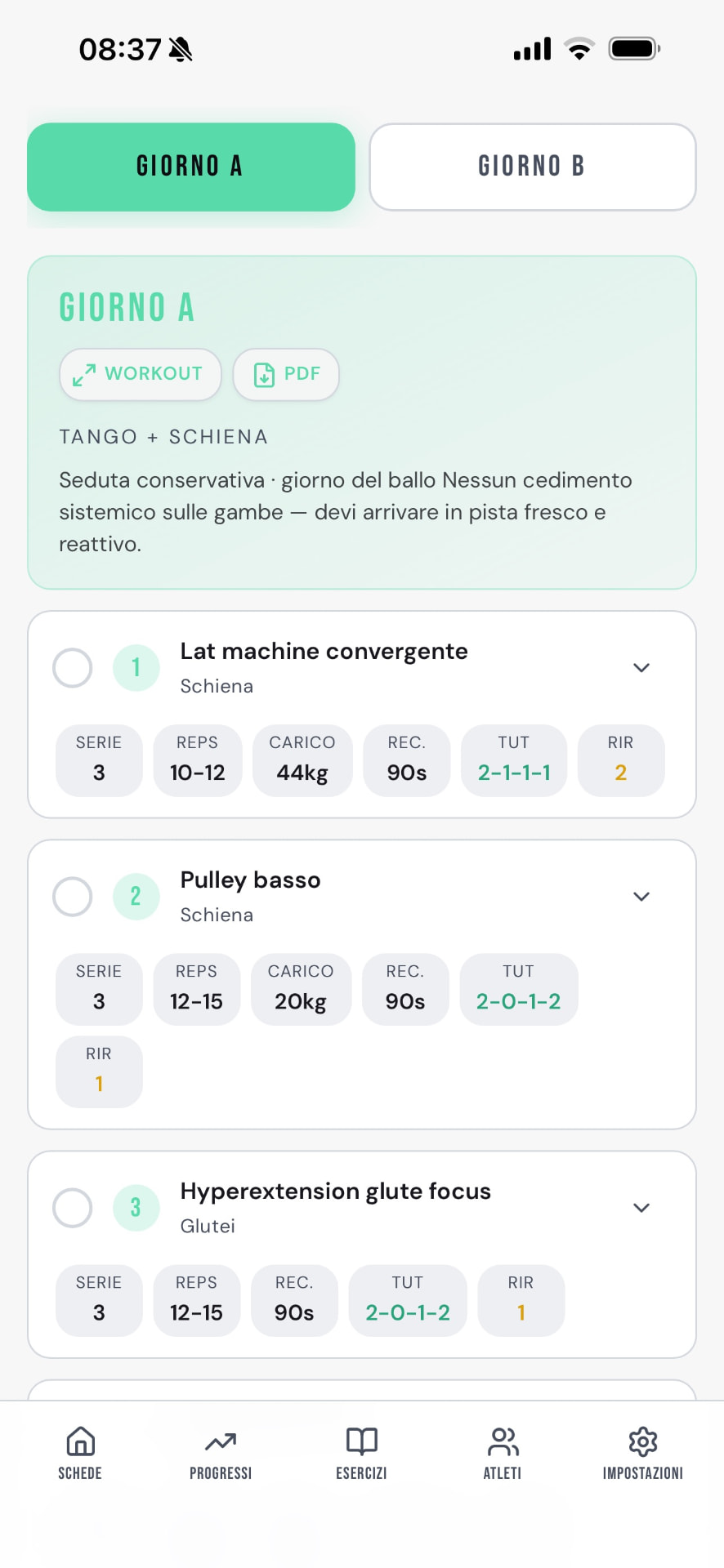Schermata schede di allenamento di Palextra