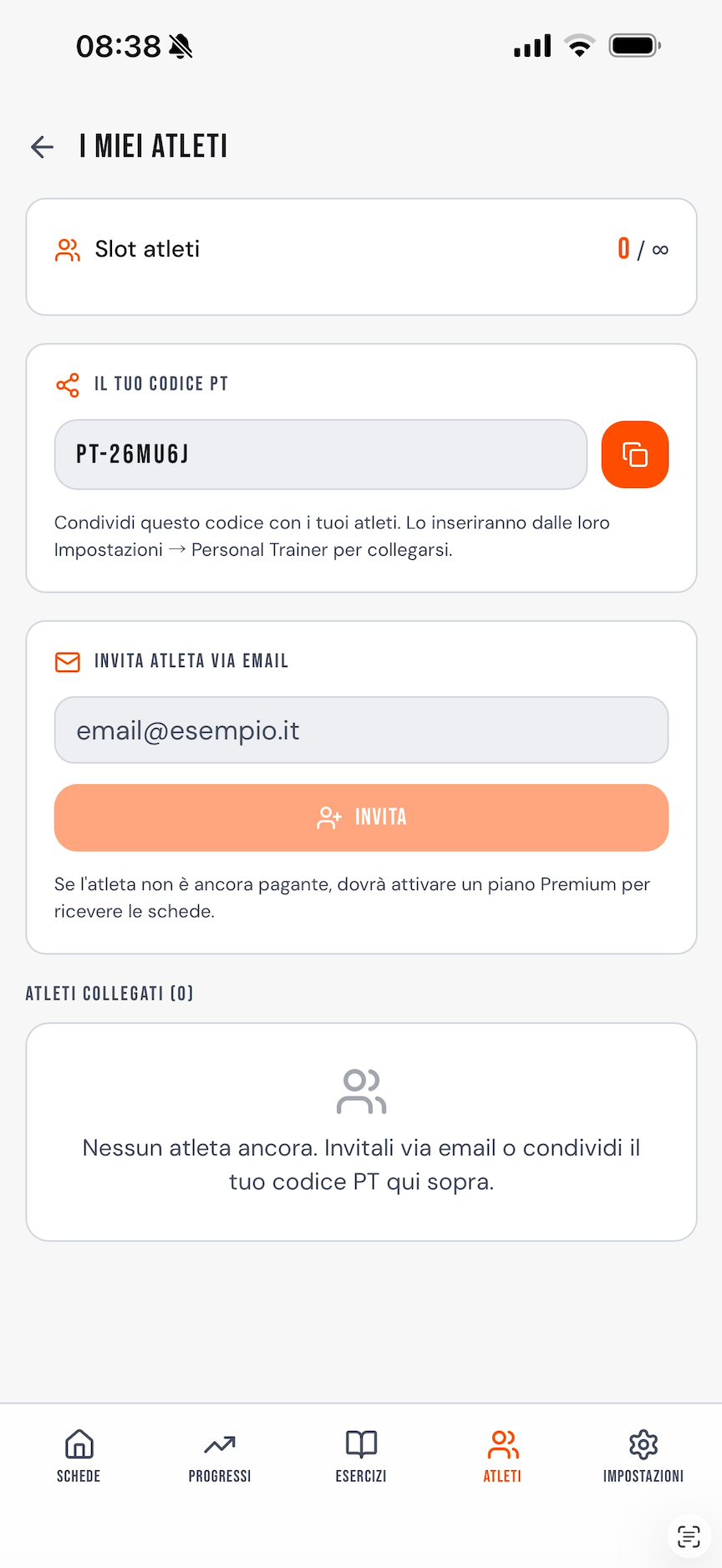 Lista degli atleti collegati al personal trainer in Palextra
