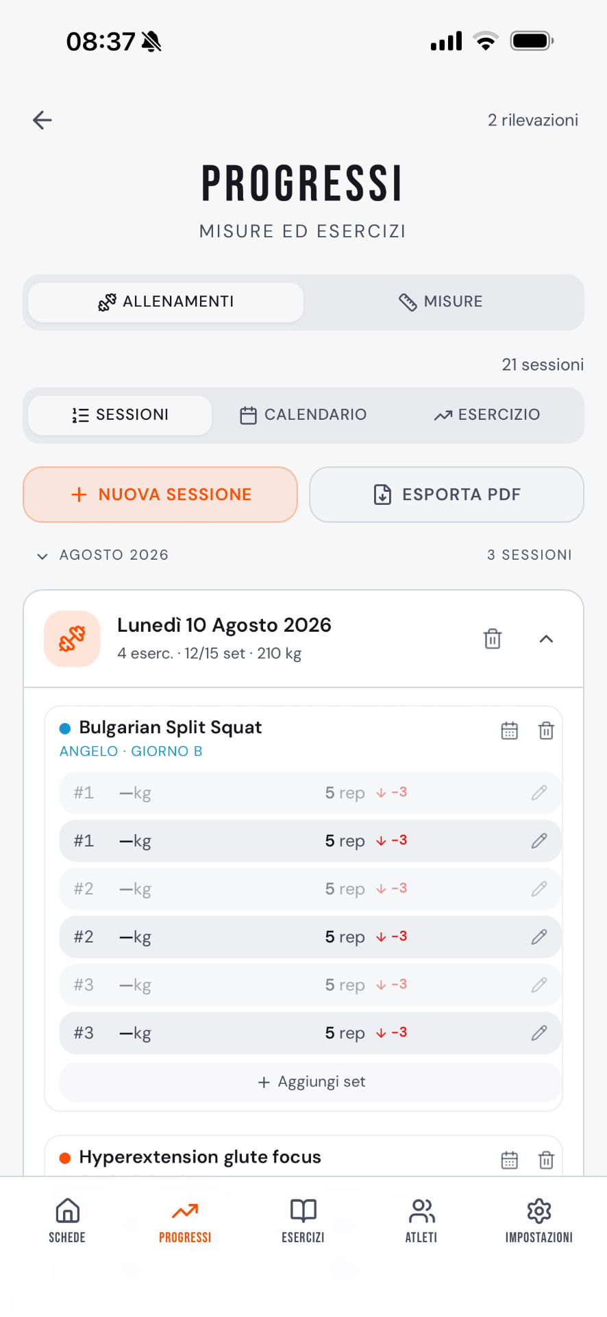 Schermata progressi e grafici di Palextra
